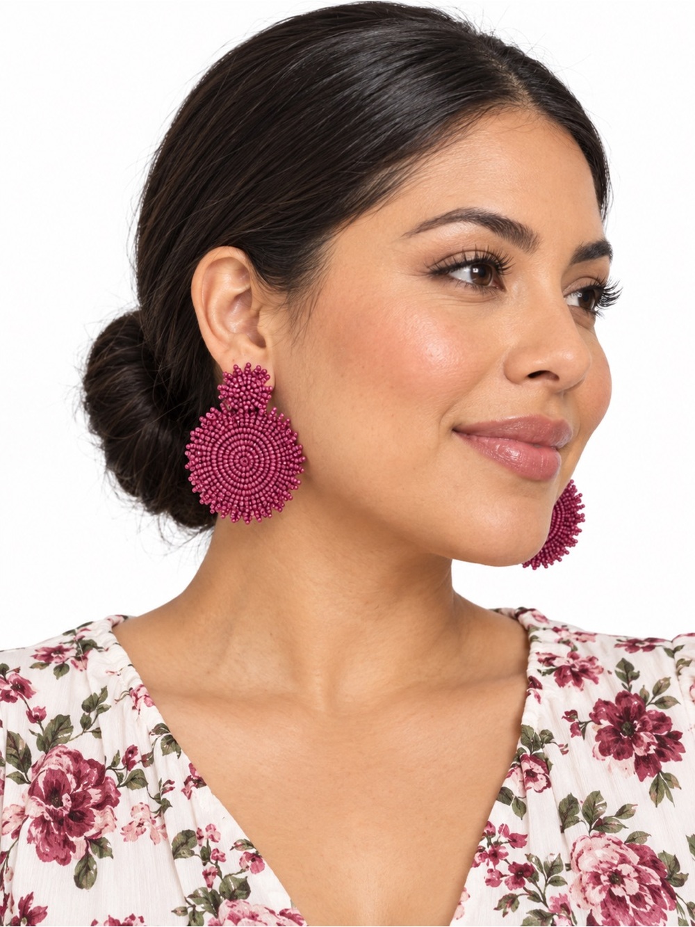 Kay Lee New York Berry Pink Beaded Circular Statement Earrings